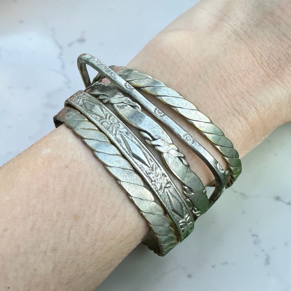Southwest Bracelet Stack Bangle Mexico Silver Tone Alpaca Textured Lot Jewelry